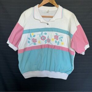 Vintage 80s Pastel Pink Popover Polo Top Size L Floral Golf Preppy Grannycore